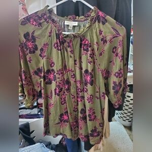 Green Blouse With Black Flowers Lined In Pink. Button Down. 3/4 Inch Sleeves.